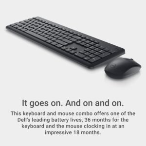 Dell Wireless Keyboard and Mouse - KM3322W, Wireless - 2.4GHz, Optical LED Sensor, Mechanical Scroll, Anti-Fade Plunger Keys, 6 Multimedia Keys, Tilt Leg - Black