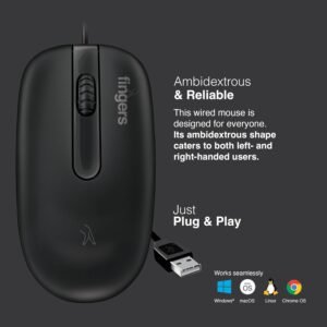 FINGERS MasterHit USB Wired PC Mouse (Advanced Optical Technology, 1200 DPI, Ambidextrous, Plug-n-Play, Windows?, macOS, Linux & Chrome OS)