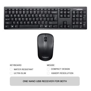 Lenovo 100 Wireless Keyboard and Mouse Set, Ambidextrous 1000 DPI Mouse Optical Sensor, upto 3M clicks, Ultra slim water resistant keyboard, 2.4 GHz Wireless Nano USB, upto 1yr...