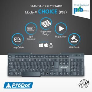 ProDot Choice PS2 Wired Keyboard With Plug & Play Technology, 104 Keys, 10M Life, 1.2m Cable, Rupee Key, Spill Resistant Design, Compatible With Windows, iOS, Linux, 1 Year...
