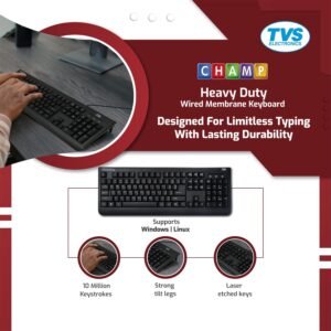 TVS ELECTRONICS Champ Heavy Duty Membrane Wired Keyboard | Array of 104 Keys |Multimedia Functions|Membrane Keys| Compatible|Smooth Handling|Lightweight|Plug|SND Play USB...