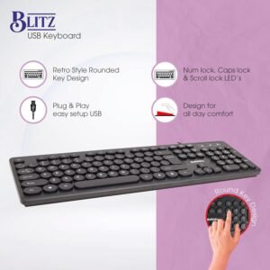 Zebion Blitz USB Keyboard with Retro Style Rounded Key Design, Tested with Over 5 Million Keystrokes, Silent & Comfortable Use, Slim Design, Chiclet Keys, 1 Year Warranty (Black)