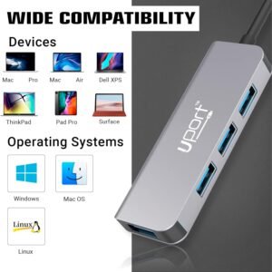 4 Port USB Hub 3.0 with Hi-Speed Data Transfer, Multi Device Connection, Plug Play Usage, Glossy Finish and Lightweight Design Compatible with Laptop, MacBook, PC (Grey) (1 Meter)
