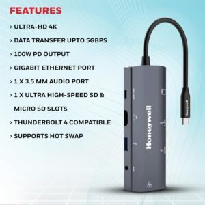 Honeywell New Launch 9-in-1 Type C Dock with 4K HDMI, 1GBPS RJ45 Ethernet Port, 2xUSB 3.0, 1xUSB 2.0 & Type C 3.0 PD100W, SD & Micro SD Slot, Audio Port for All Type C Devices-...